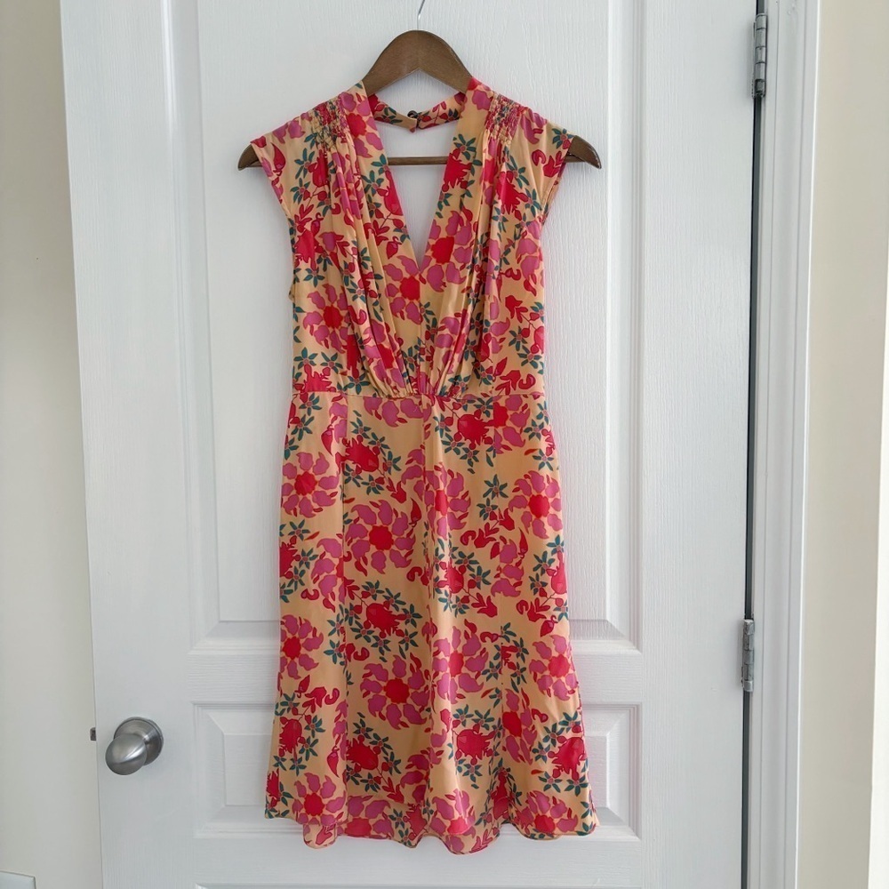 Tracy Reese Peach Floral Silk V Neck Dress Sz 2 Summer Resortwear